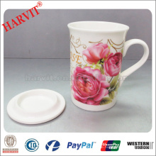 2014 Heißer verkaufender schöner Blumen-Abziehbild-Porzellan-Becher / keramischer Kaffee u. Milch-Tee-Becher / keramischer Becher Deckel
